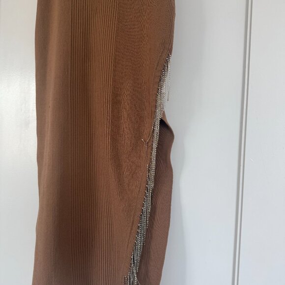 NWT Nicholas Mariana Midi Skirt In Nude Rib Knit Asymmetrical Crystal Fringe XS - Picture 6 of 10